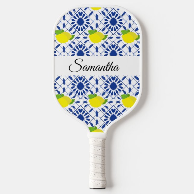 Palas De Pickleball Blue Geometric Lemon Tile (Anverso)