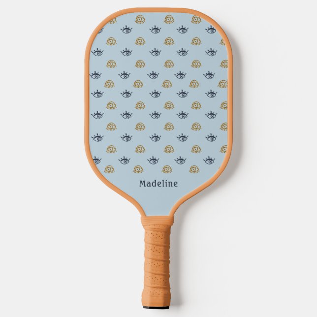 Palas De Pickleball Blue Gold Evil Oye Pattern Monograma First Name (Reverso )