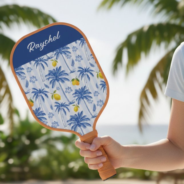 Palas De Pickleball Blue Toile Palm Trees Lemons Monogram Name (Subido por el creador)