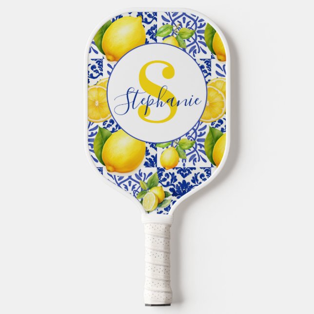 Palas De Pickleball Blue White Lemon Tile Pattern Citrus Monogram Name (Anverso)