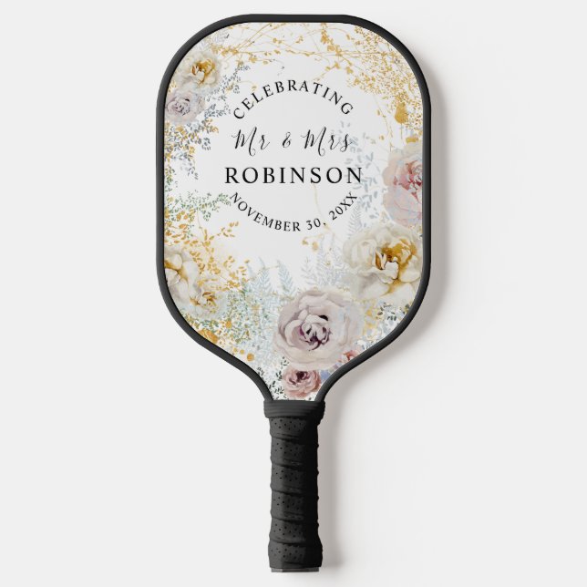 Palas De Pickleball Boda Personalizada Floral Dorada (Anverso)
