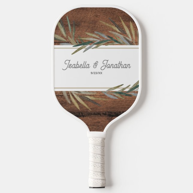 Palas De Pickleball Boda Rústico de grano de madera Pareja Nombre Fech (Anverso)