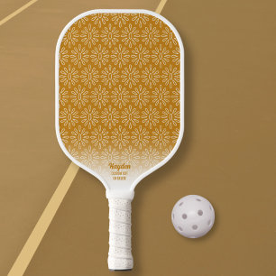 Palas De Pickleball Boho Retro Patrón Floral Dorado Personalizado Text