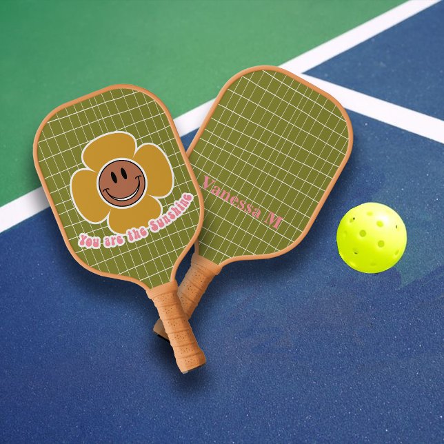 Palas De Pickleball Boho Smiley Good Vibes Olive Pink Custom Name (Subido por el creador)