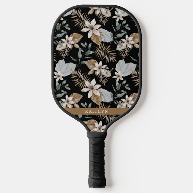 Palas De Pickleball Bonito Boho Oro Floral tropical y nombre (Anverso)