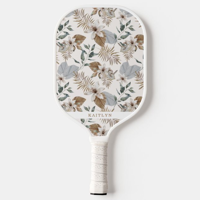 Palas De Pickleball Bonito Boho Oro Floral tropical y nombre (Reverso )
