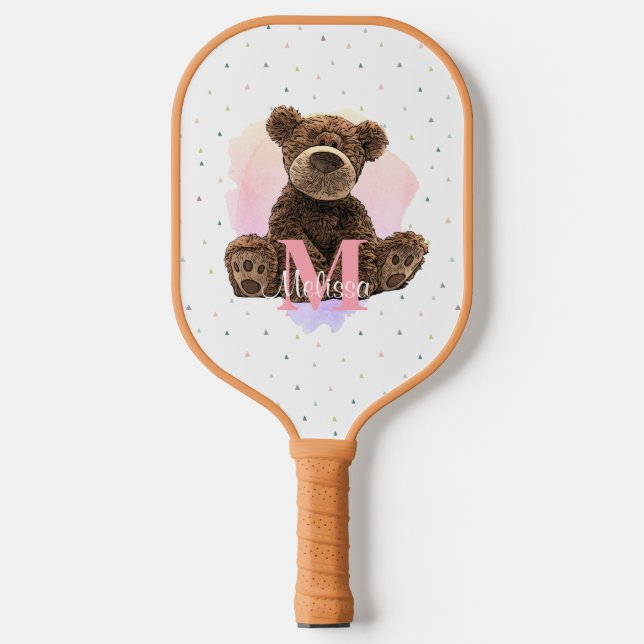 Palas De Pickleball Bonito Monograma Acuarela Nombre Oso Teddy Rosa (Anverso)