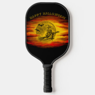 Palas De Pickleball Bruja voladora con gato negro, noche de halloween
