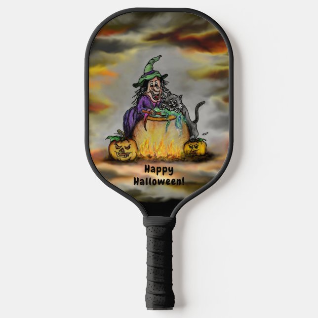 Palas De Pickleball Bruja y gato negro, ¡Feliz Halloween! (Anverso)