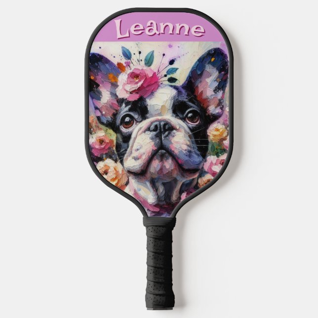 Palas De Pickleball Bulldog francés con Rosas floral personalizado (Anverso)