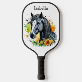 Palas De Pickleball Caballo negro rodeado de flores personalizadas