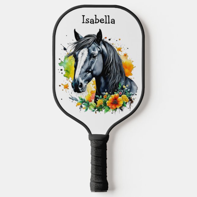 Palas De Pickleball Caballo negro rodeado de flores personalizadas (Anverso)