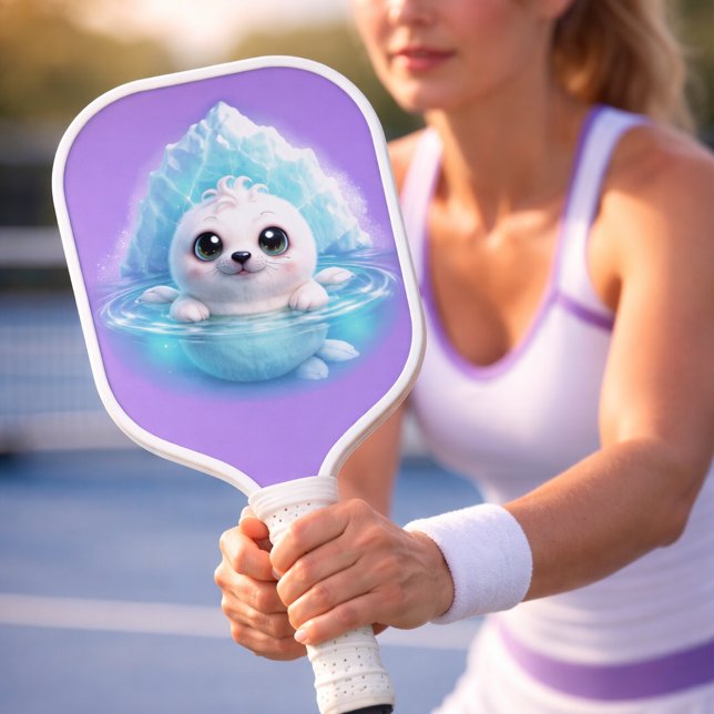 Palas De Pickleball Cachorro de Foca Blanco Adorable - Diseño de Icebe (Ultra-cute baby white seal pups with big sparkling eyes on a cracked iceberg, 3D illustration center)