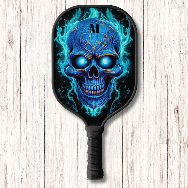 Palas De Pickleball Calavera azul con flamencos azules Monograma moder (Subido por el creador)
