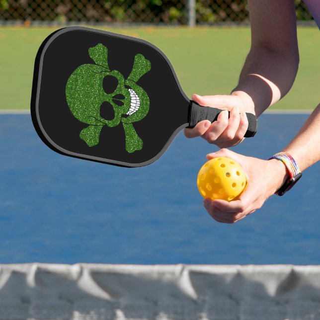 Palas De Pickleball Calavera verde Purpurina y huesos cruzados (in situ)