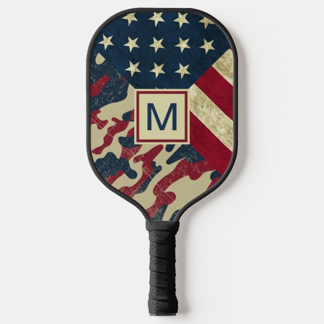 Palas De Pickleball Camo Monogramado de Bandera Rustica Patriótica Est (Anverso)