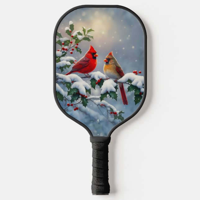 Palas De Pickleball Cardenales rojos y Holly en la nieve (Anverso)