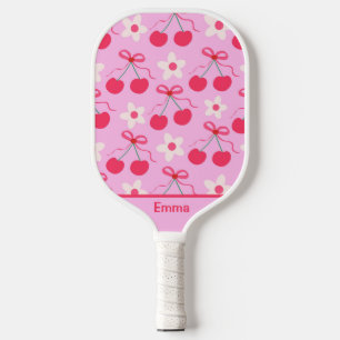 Palas De Pickleball Cerezas Coquette con lazos rojos y nombre de flore