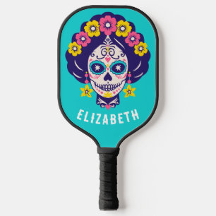 Palas De Pickleball Chica de cráneo de azúcar floral brillante persona