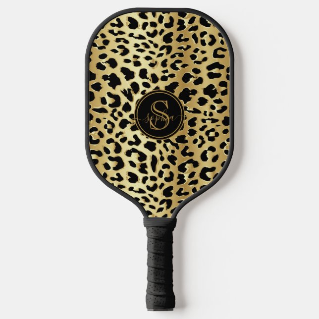 Palas De Pickleball Chicas de moda Metálica Gold y Black Leopard Print (Anverso)