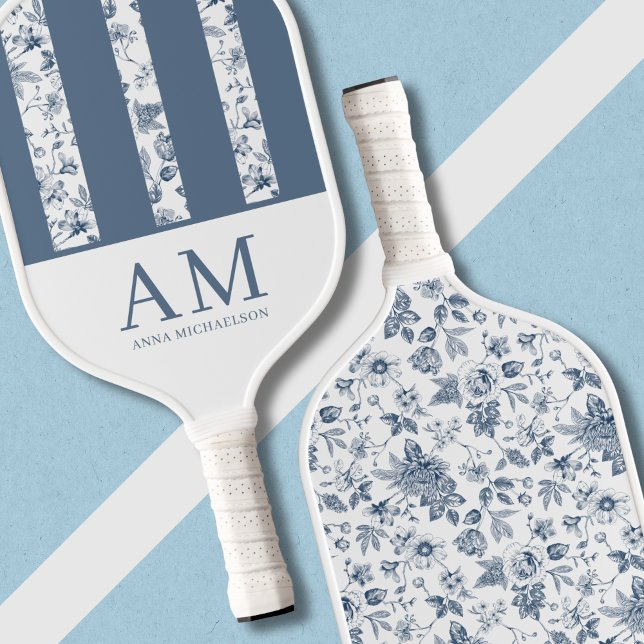 Palas De Pickleball Chinoiserie Patrón floral Azulejo Monograma azul (Blue Stripes Monogrammed Personalized Chinoiserie Pickleball Paddle, Old Money Aesthetic Floral)