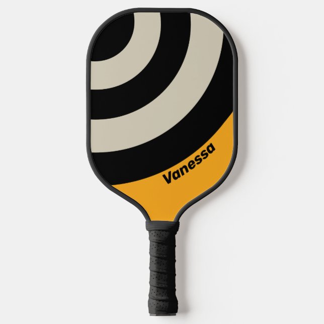 Palas De Pickleball Círculo de abeja bumblebee retro con franja y nomb (Anverso)