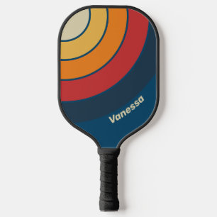 Palas De Pickleball Círculo de franja de arcoíris azul vintage con nom