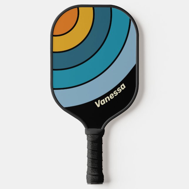 Palas De Pickleball Círculo de franja de arcoíris negro con nombre (Anverso)