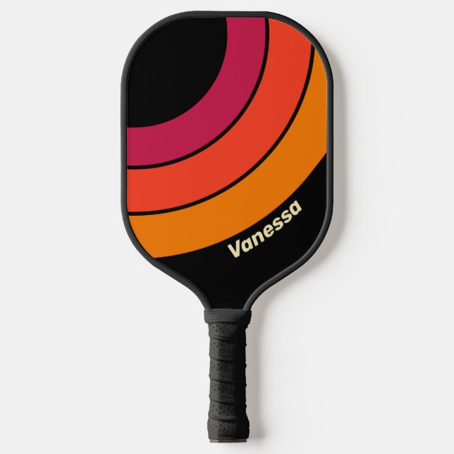 Palas De Pickleball Círculo de franja retro VHS con nombre (Anverso)