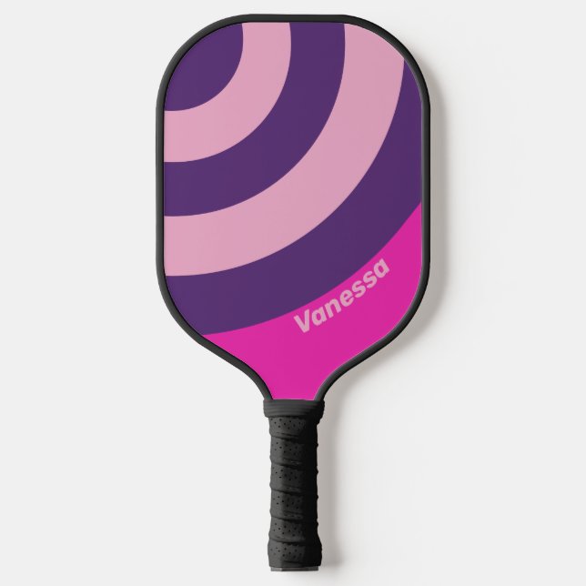 Palas De Pickleball Círculo de franja rosa retro con nombre (Anverso)