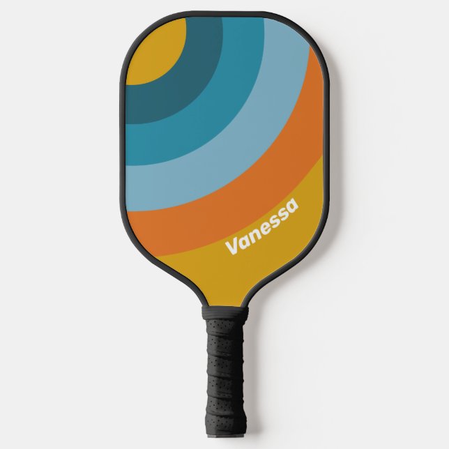 Palas De Pickleball Círculo Retro Amarillo con Franja y Nombre (Anverso)