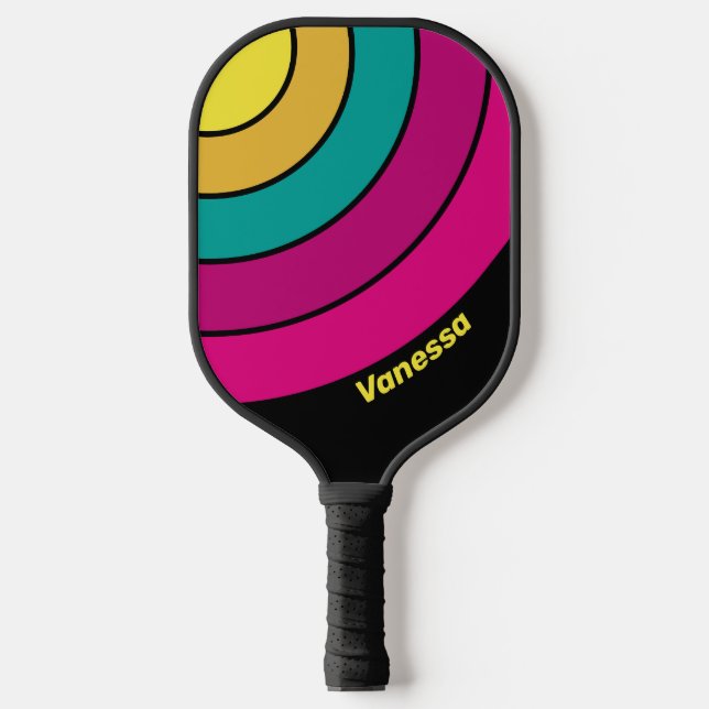 Palas De Pickleball Círculo Retro Oscuro con Franja de los 80 con Nomb (Anverso)