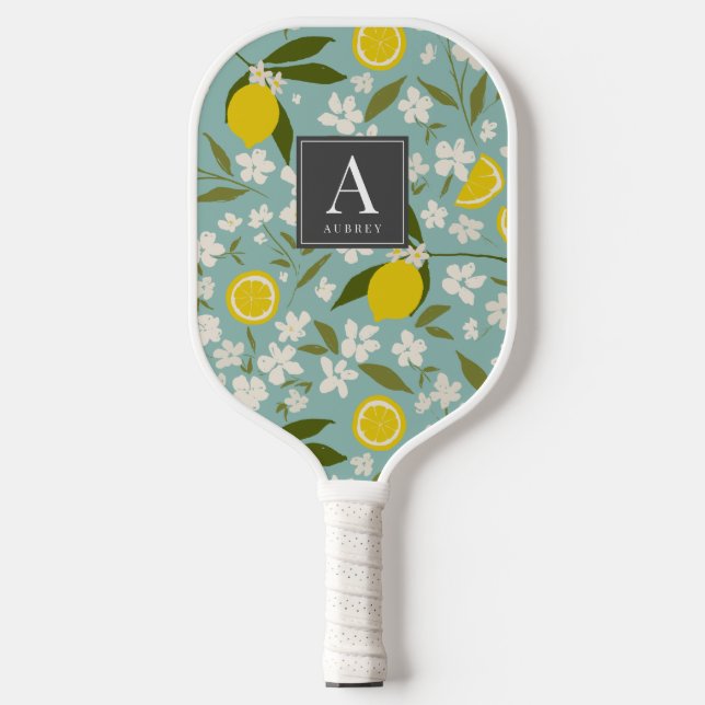 Palas De Pickleball Citrus limón Patrón floral cielo azul (Anverso)