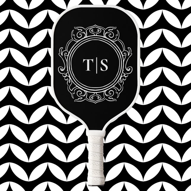Palas De Pickleball Classic Ornate Circle White Monogram Initial (Classic Ornate Circle White Monogram Initial Pickleball Paddle)