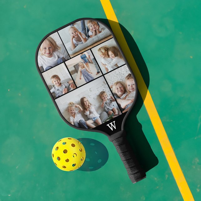 Palas De Pickleball Collage de fotos mínimo personalizado Monograma 7 (Minimal Personalized Monogram 7 Photo Collage Pickleball Paddle)