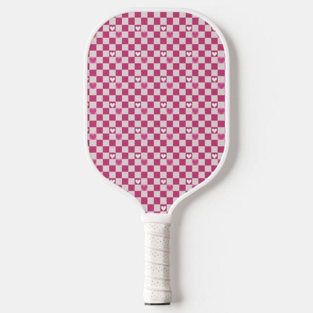 Palas De Pickleball Comprobadores y corazones rosados (Anverso)