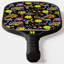 Palas De Pickleball Con inicial, Groovy, retro 90, negro