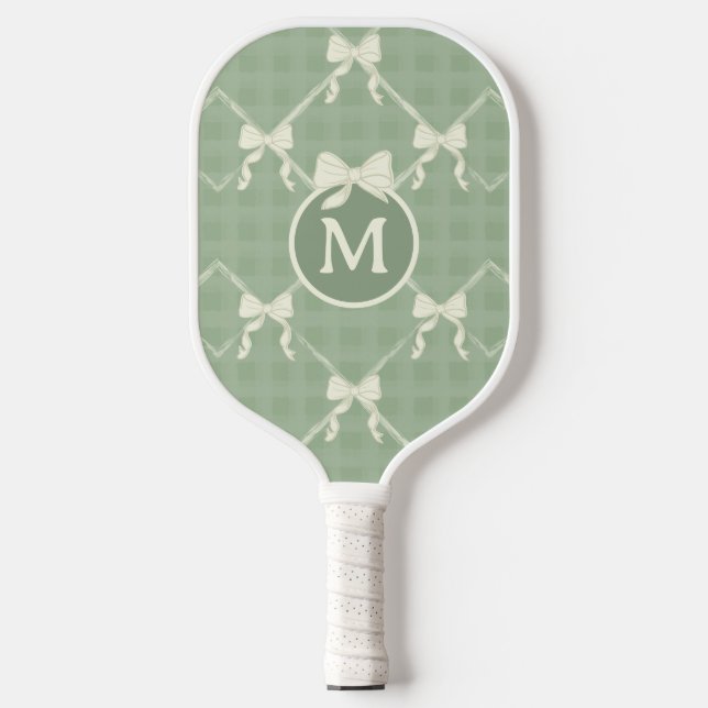 Palas De Pickleball Coquette Bows Gingham Monogram Cream Sage Green  (Anverso)