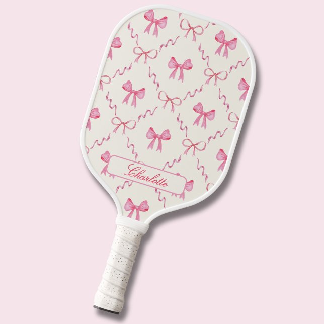 Palas De Pickleball Coquette Pink Bow (sweet coquette pink bows pickleball paddle, customizable with name in calligraphy script)