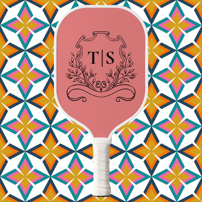 Palas De Pickleball Coral Pink Monogram Initial Girly Classic Crest (Coral Pink Monogram Initial Girly Classic Crest Pickleball Paddle)