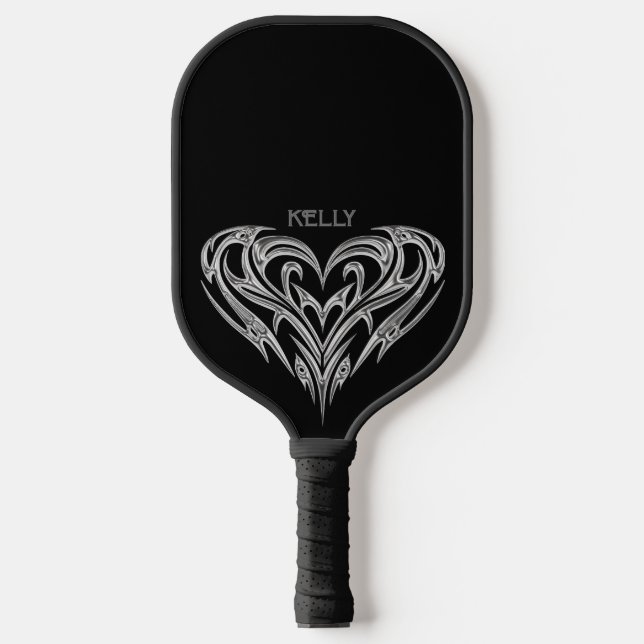 Palas De Pickleball Corazón tribal cromado personalizado en negro (Anverso)