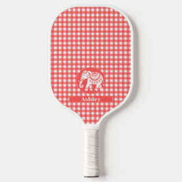 Palas De Pickleball Cuadro de gingham rojo con elefante blanco y nombr