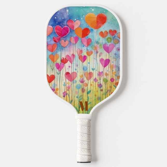Palas De Pickleball Cute acuarela Corazón Globos Monograma moderno (Anverso)
