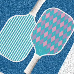 Palas De Pickleball Cute Argyle Preppy Pala de Pickleball Azul y Rosa