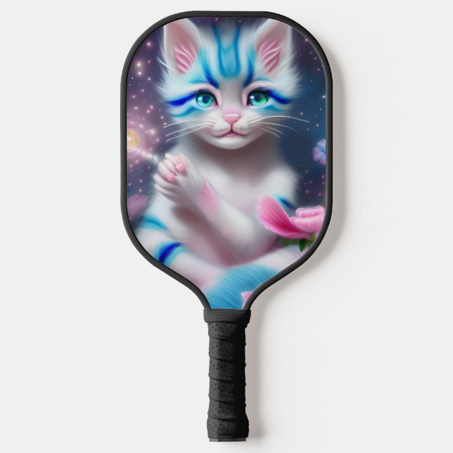 Palas De Pickleball Cute Kawaii bebé a rayas gatito rosa y azul (Anverso)
