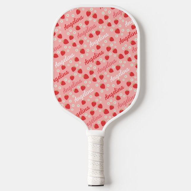 Palas De Pickleball Cuto de nombre personalizado de fresa rosa (Anverso)