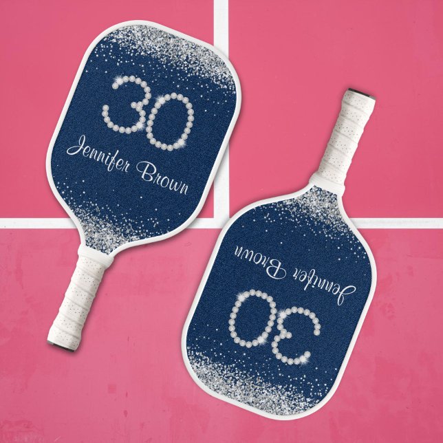 Palas De Pickleball Denim & Diamond Paddle de 30 años (Elegant Denim and Diamonds 30th Birthday Paddle)