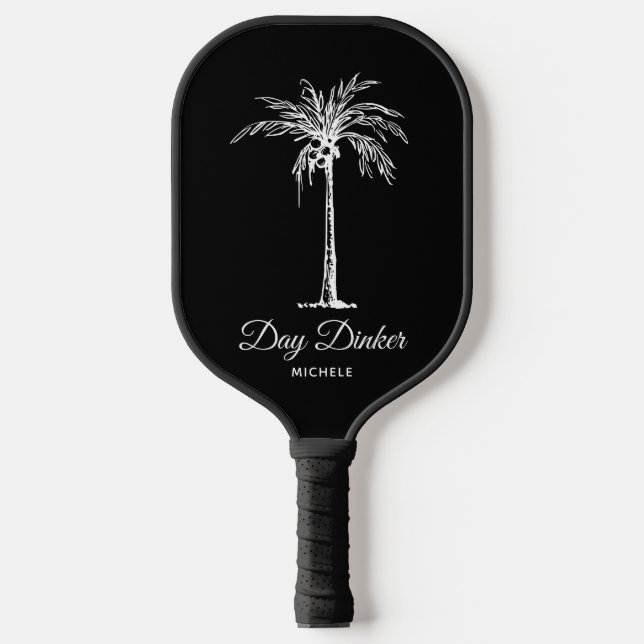 Palas De Pickleball Día Dinker Personalizado Black White Palm Tree Fun (Anverso)