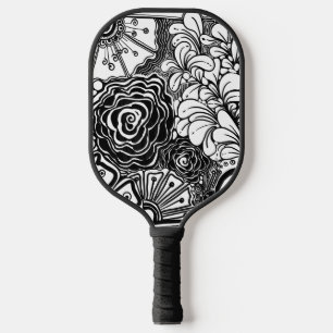 Palas De Pickleball Dibujo Floral Zen blanco y negro con estampado