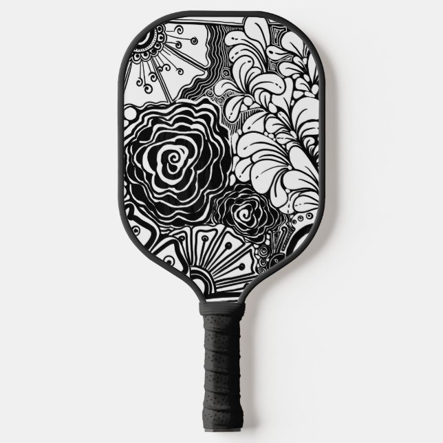 Palas De Pickleball Dibujo Floral Zen blanco y negro con estampado (Anverso)